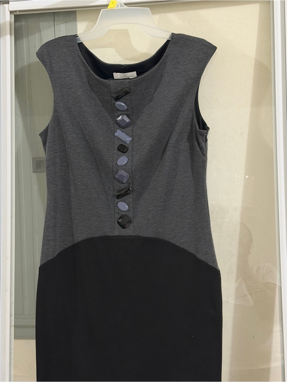Sleeveless Gray and Black Sheath Dress with Decorative Buttons
